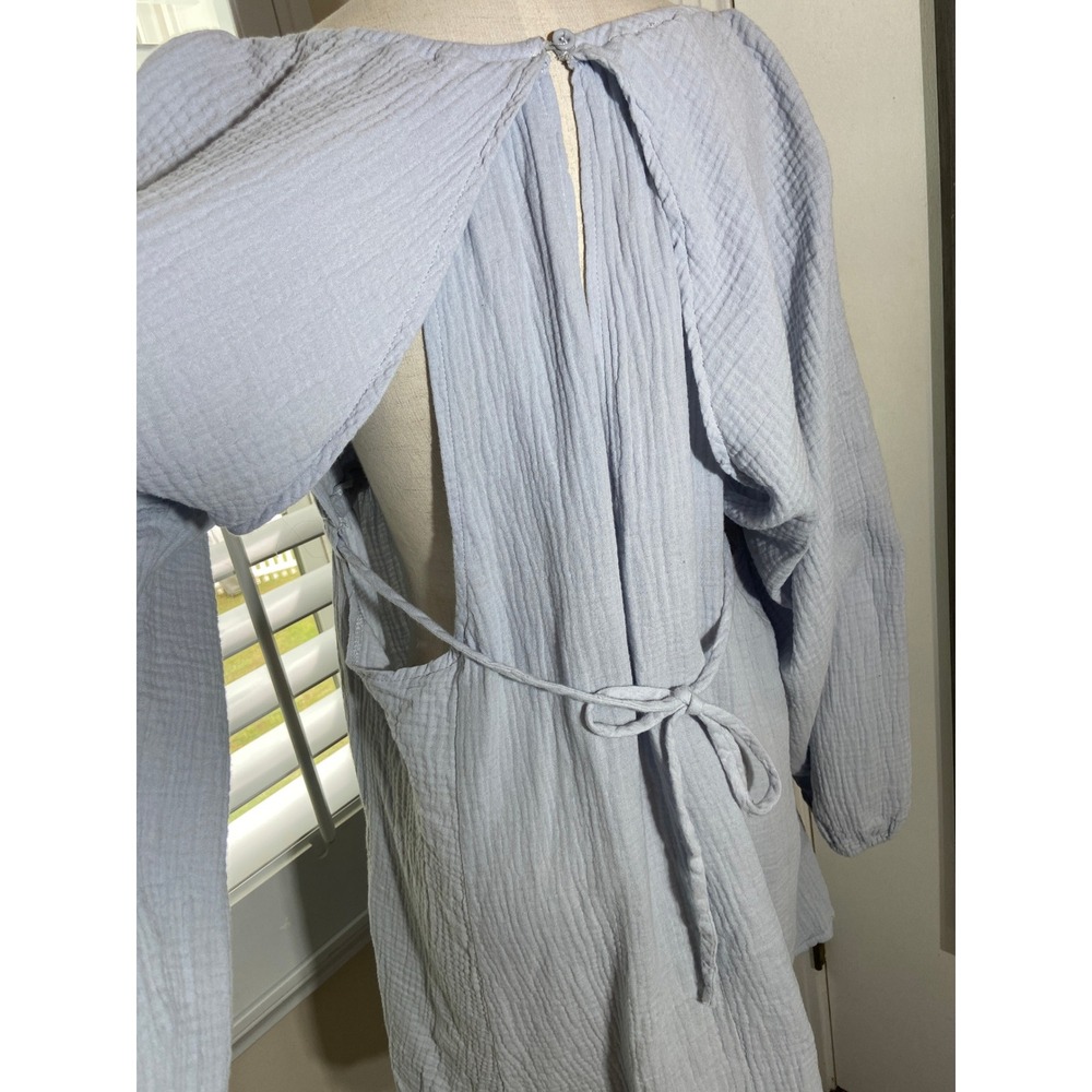 Boho Cotton Gauze Mini Dress XL Baby Blue Tie Pocket Bubble Hem Fairycore Tunic - Picture 4 of 7